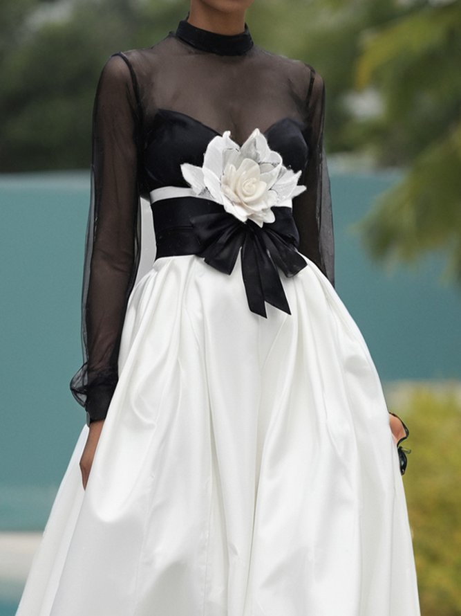 Elegant Color Block 3D Floral Stand Collar Maxi Dress With Belt