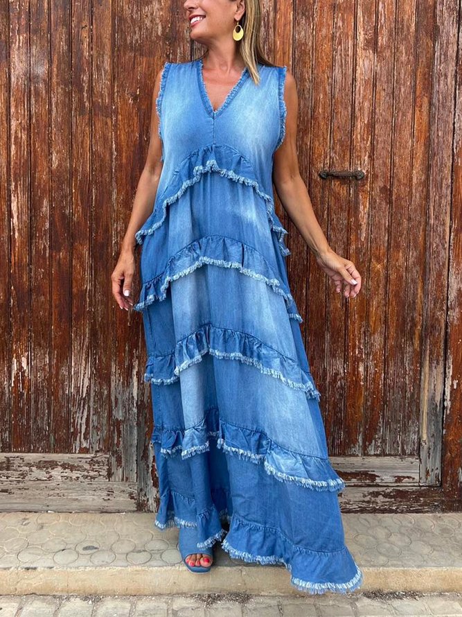 Casual Plain Peplum V Neck Denim Maxi Dress