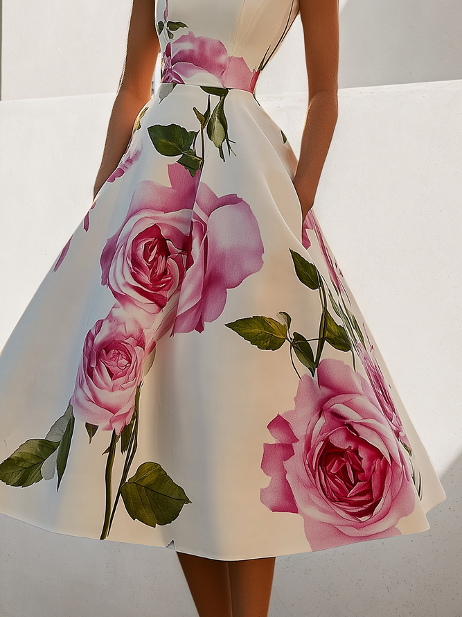Elegant Floral Printing Stand Collar Midi Dress
