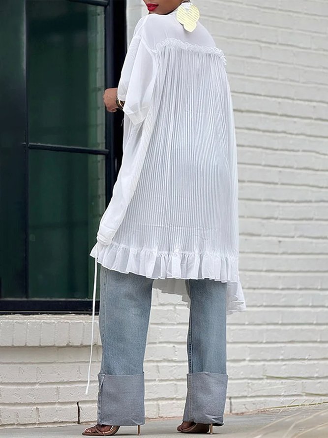 Casual Plain Pleated Shirt Collar Raglan Sleeves Shirt