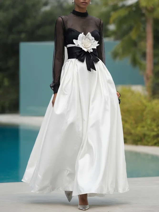 Elegant Color Block 3D Floral Stand Collar Maxi Dress With Belt