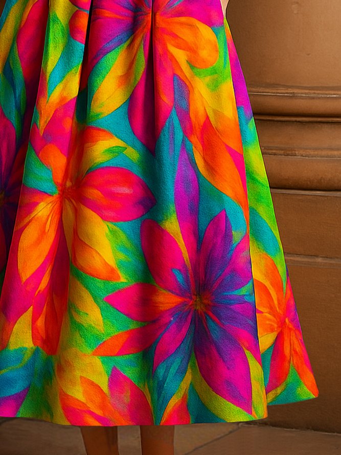 Elegant Random Print Printing Notched Midi Dress