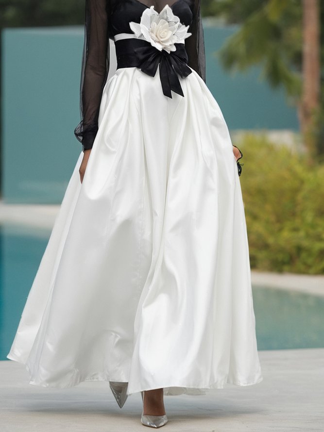 Elegant Color Block 3D Floral Stand Collar Maxi Dress With Belt