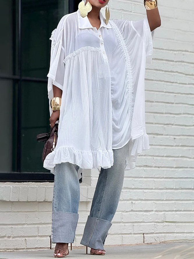 Casual Plain Pleated Shirt Collar Raglan Sleeves Shirt