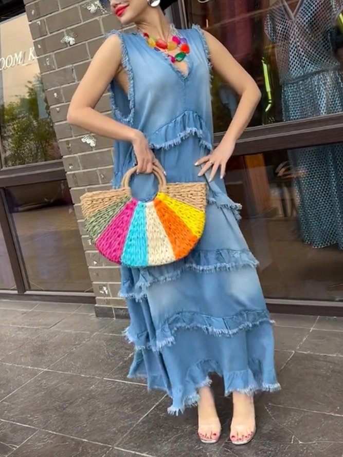Casual Plain Peplum V Neck Denim Maxi Dress