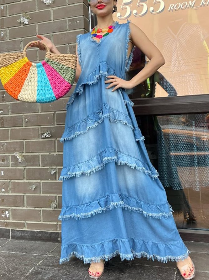 Casual Plain Peplum V Neck Denim Maxi Dress