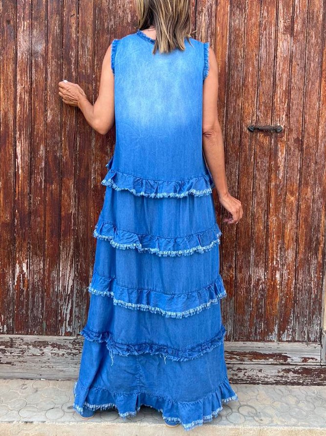 Casual Plain Peplum V Neck Denim Maxi Dress