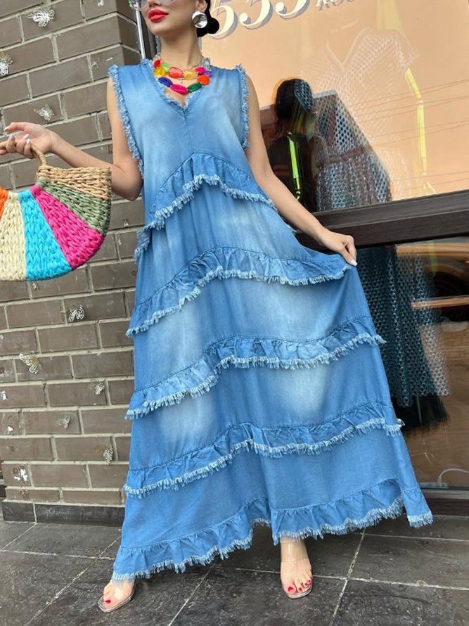 Casual Plain Peplum V Neck Denim Maxi Dress