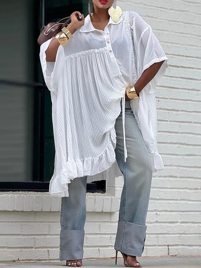 Casual Plain Pleated Shirt Collar Raglan Sleeves Shirt