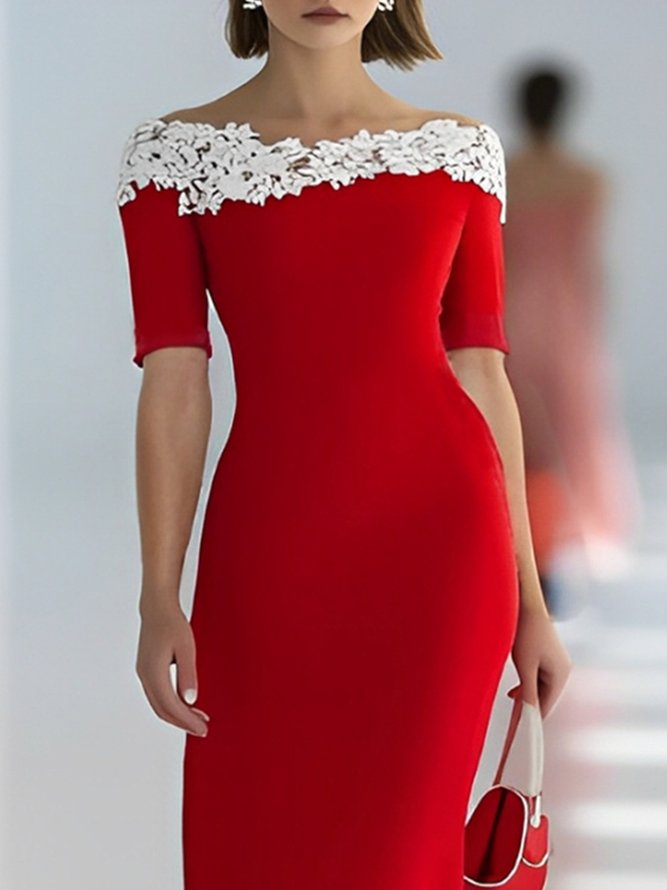Elegant Plain Split Joint Boat Neck Knee Length Dress