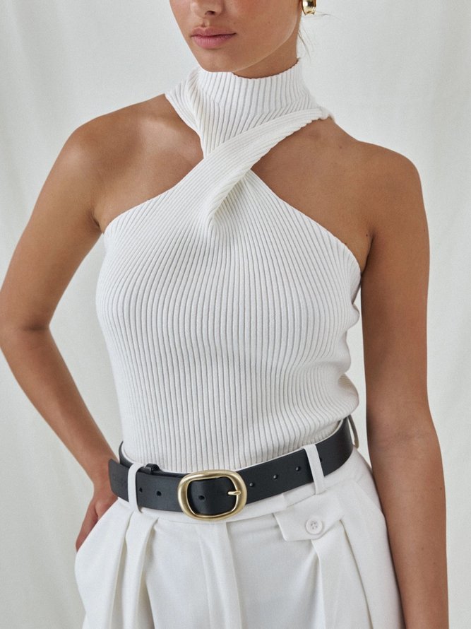 Urban Plain Knot Stand Collar Sweater Tank Top