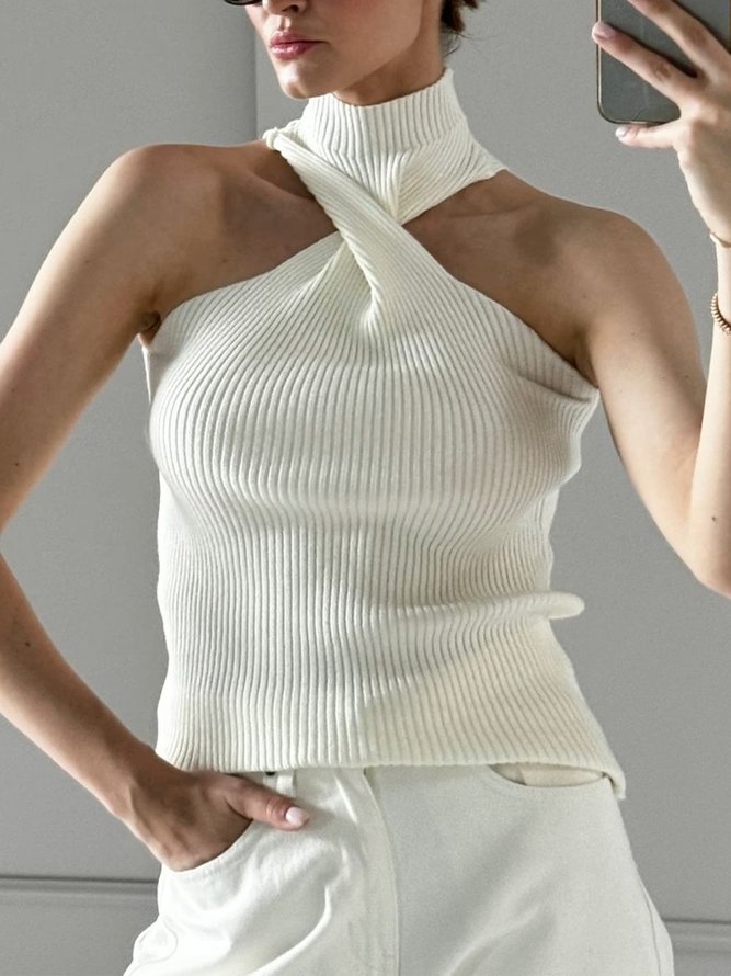 Urban Plain Knot Stand Collar Sweater Tank Top