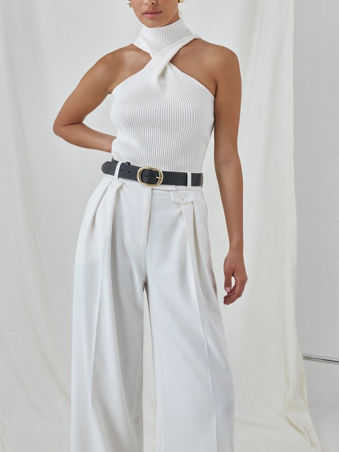 Urban Plain Knot Stand Collar Sweater Tank Top