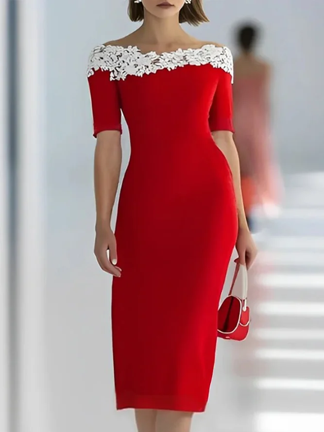 Elegant Plain Split Joint Boat Neck Knee Length Dress