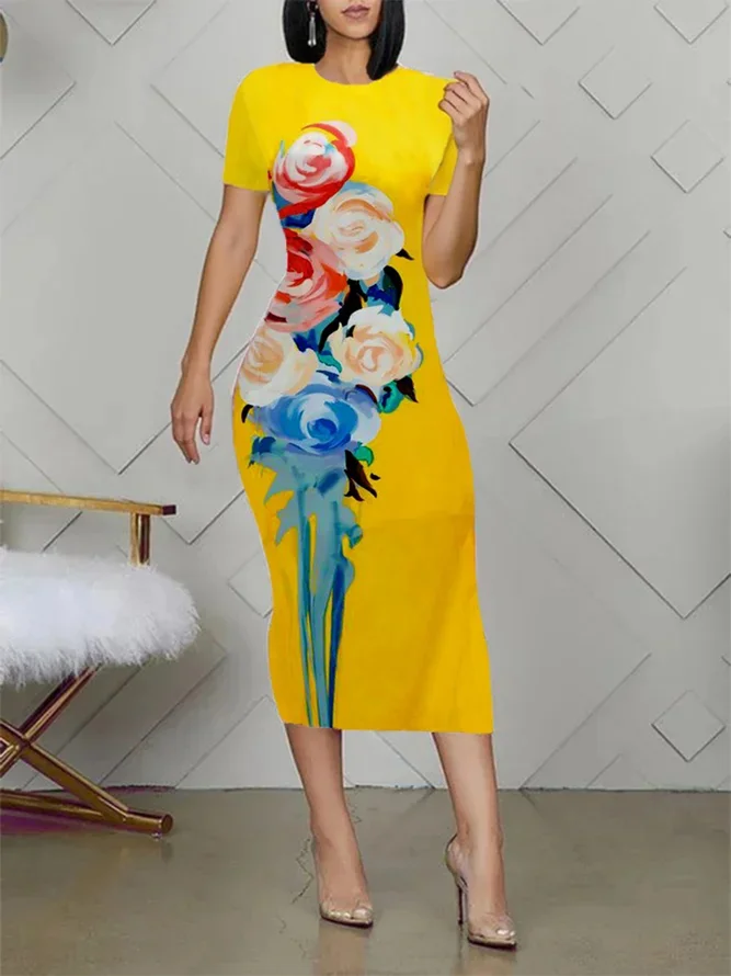 Elegant Floral Printing Crew Neck Midi Dress