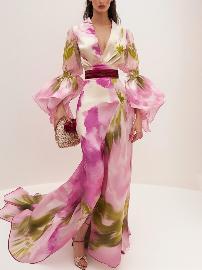 Elegant Ruffle Sleeve Printing V Neck Maxi Dress