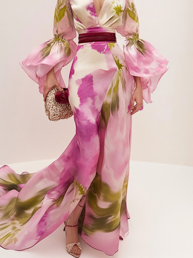 Elegant Ruffle Sleeve Printing V Neck Maxi Dress
