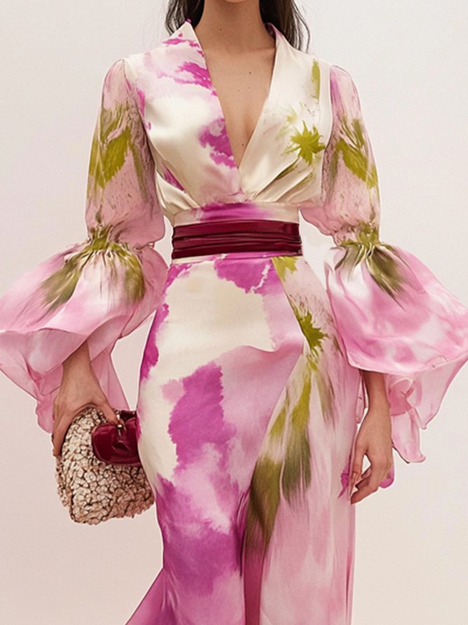 Elegant Ruffle Sleeve Printing V Neck Maxi Dress