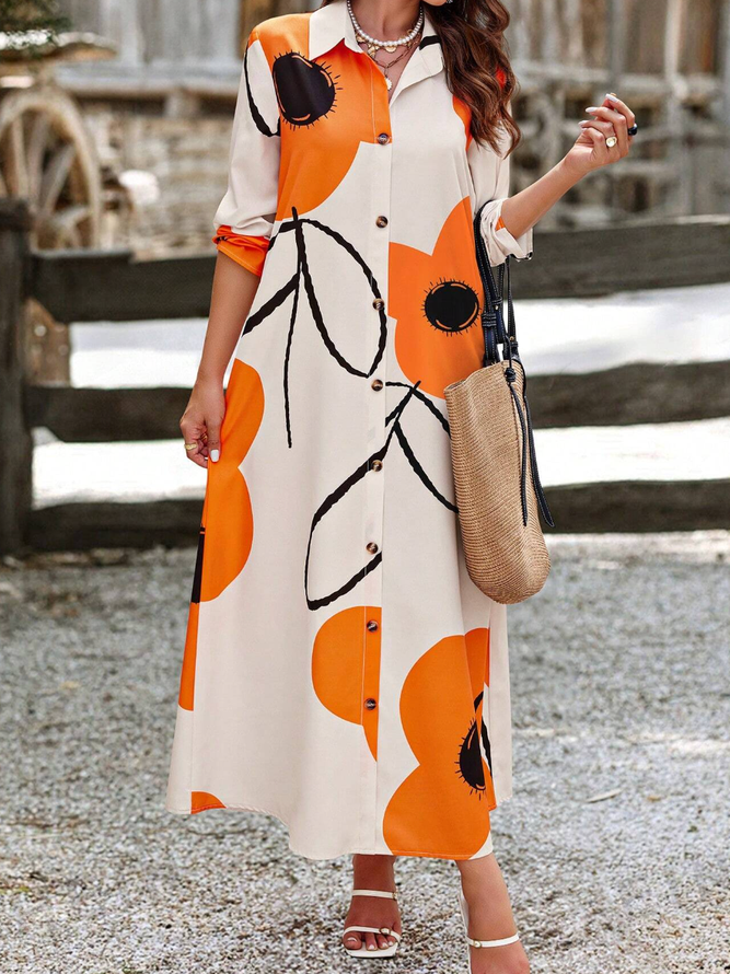 Casual Floral Printing Shirt Collar Maxi Dress