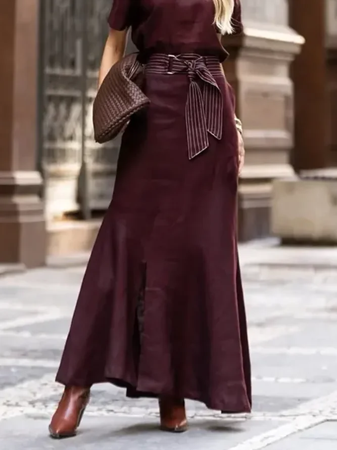 Elegant Slit Plain Maxi Skirt With Belt