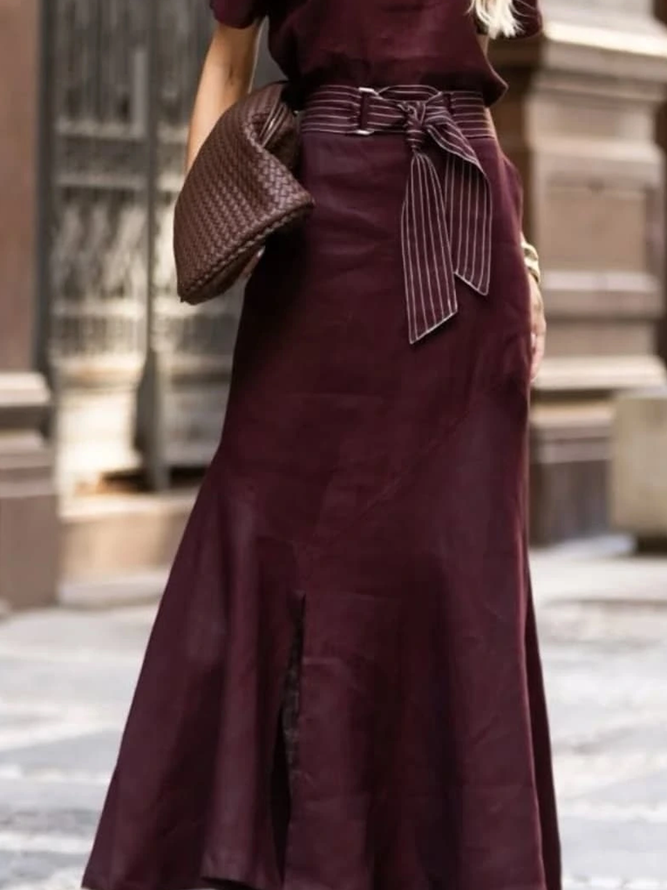 Elegant Slit Plain Maxi Skirt With Belt