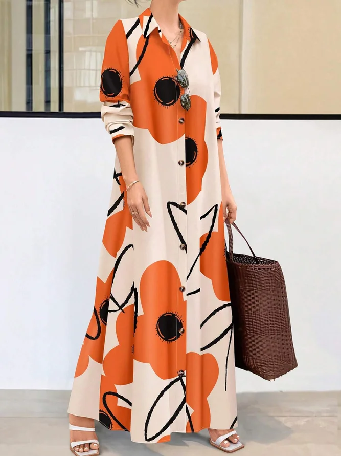 Casual Floral Printing Shirt Collar Maxi Dress