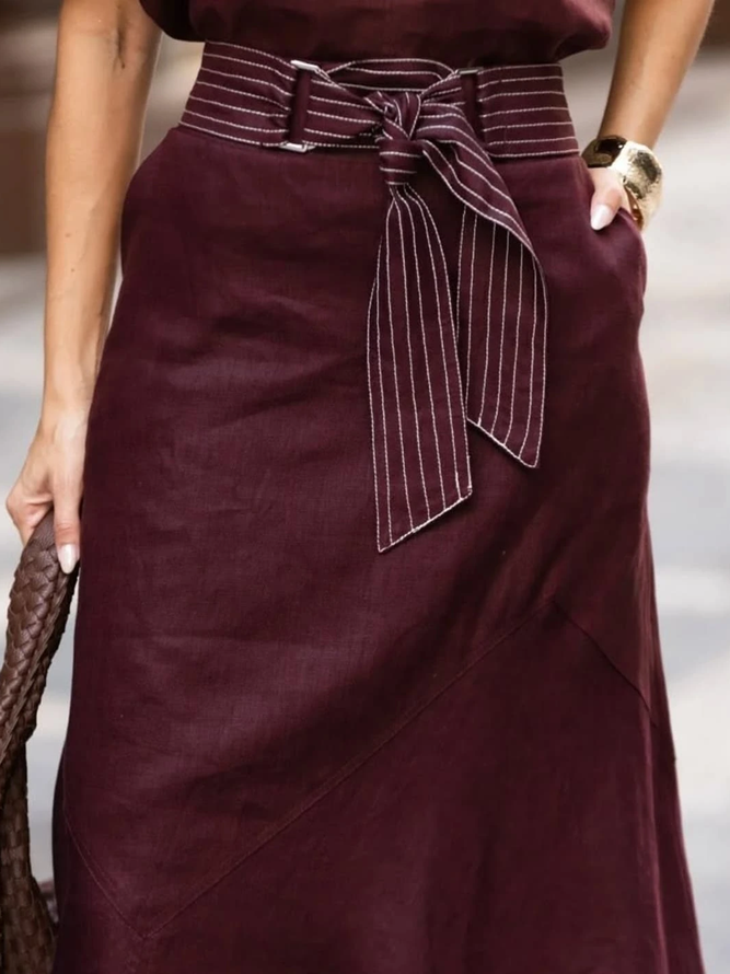 Elegant Slit Plain Maxi Skirt With Belt