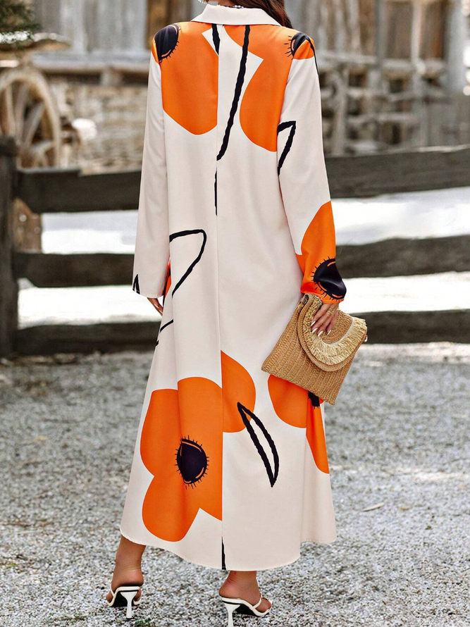 Casual Floral Printing Shirt Collar Maxi Dress