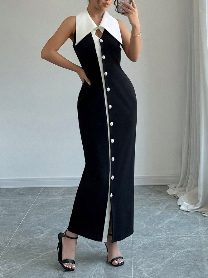 Urban Color Block Split Joint Shawl Collar Maxi Dress