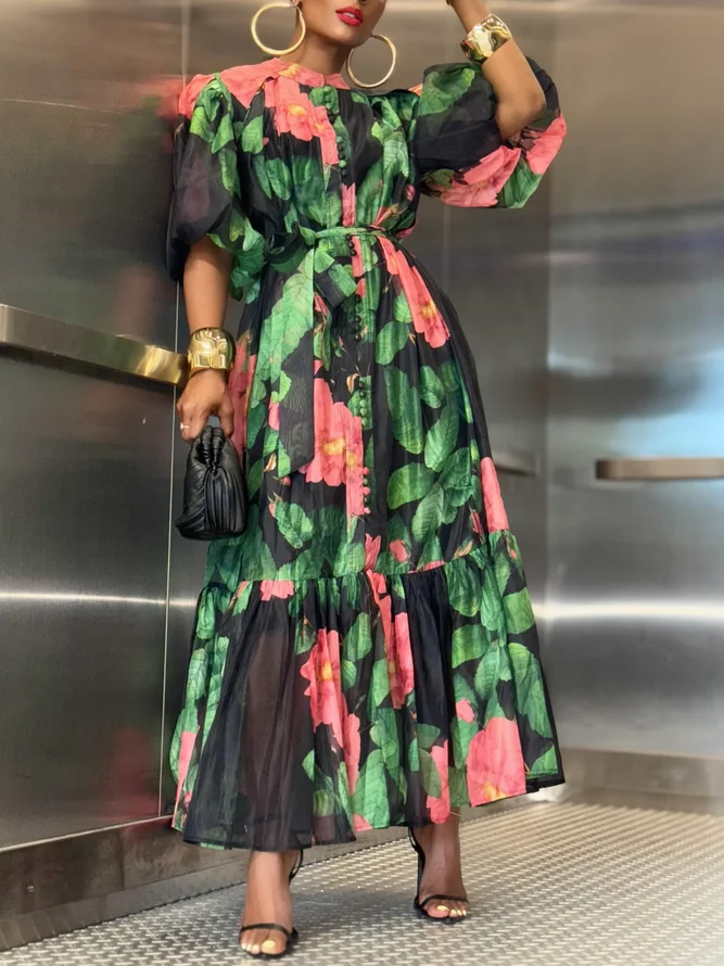 Vacation Floral Puff Sleeve Printing Maxi Dress With Belt