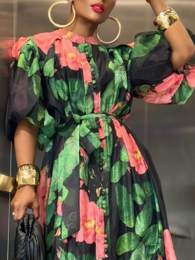 Vacation Floral Puff Sleeve Printing Maxi Dress With Belt