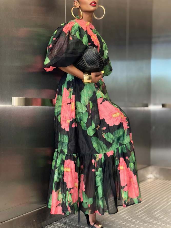 Vacation Floral Puff Sleeve Printing Maxi Dress With Belt