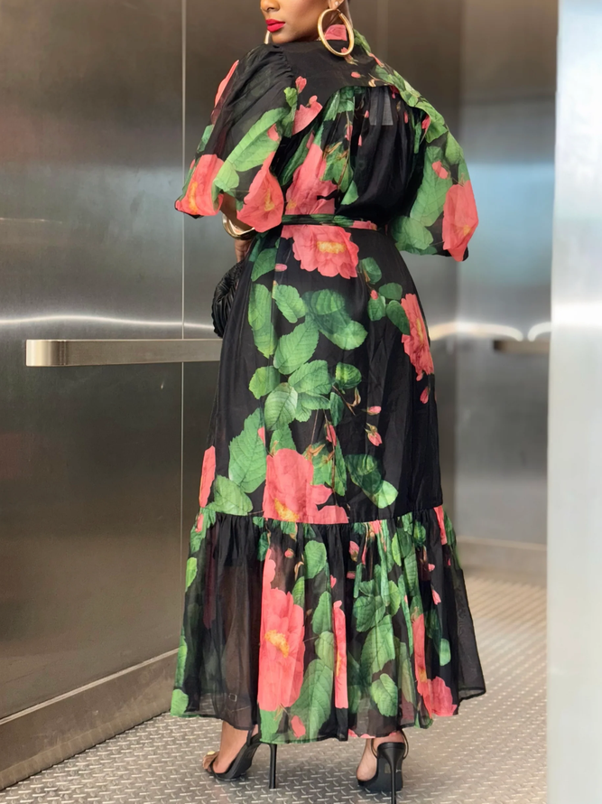 Vacation Floral Puff Sleeve Printing Maxi Dress With Belt