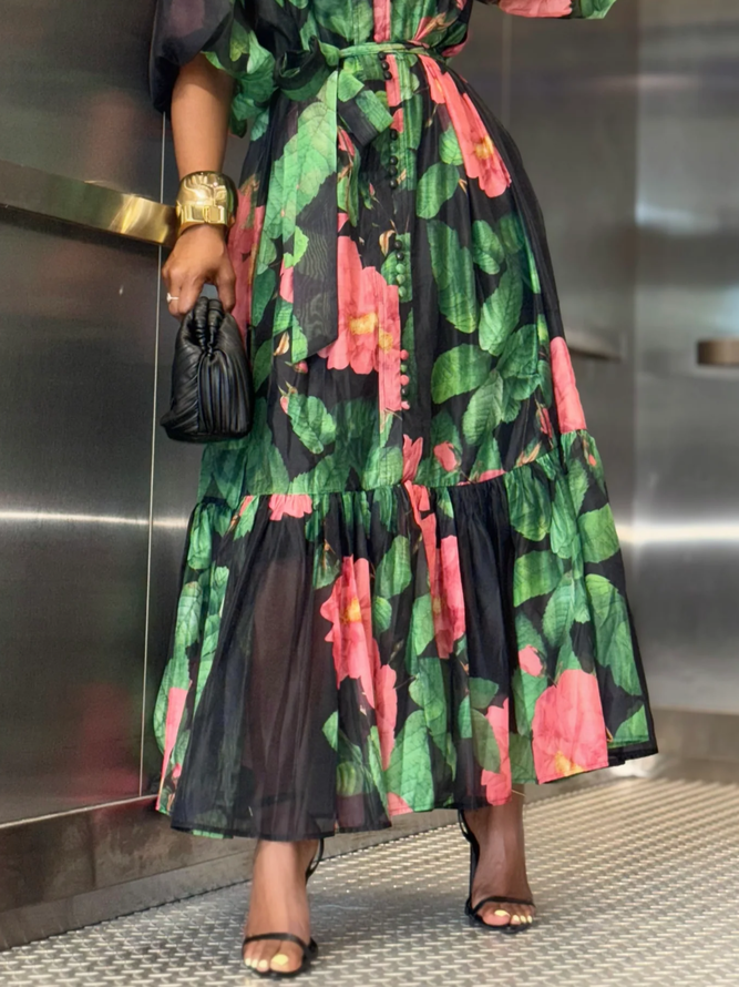 Vacation Floral Puff Sleeve Printing Maxi Dress With Belt