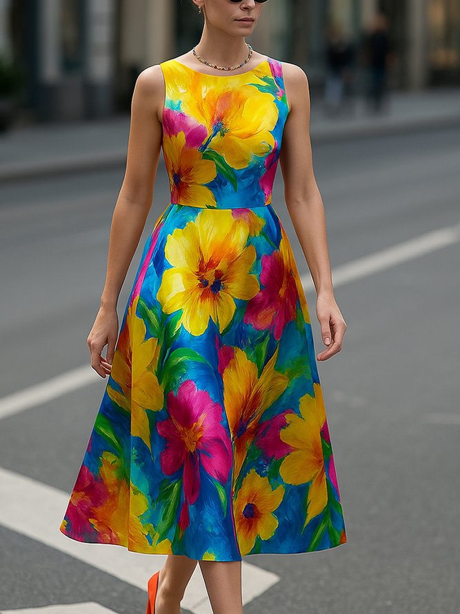 Elegant Floral Printing Crew Neck Midi Dress