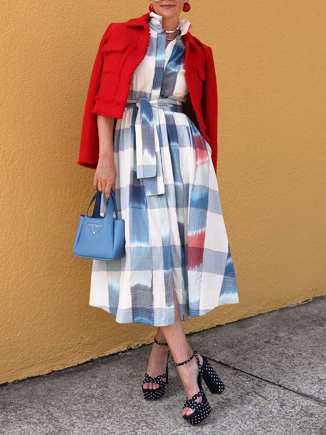 Casual Plaid Printing Shirt Collar Midi Dress With Belt