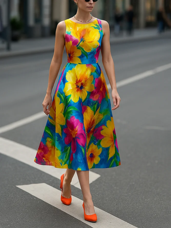 Elegant Floral Printing Crew Neck Midi Dress