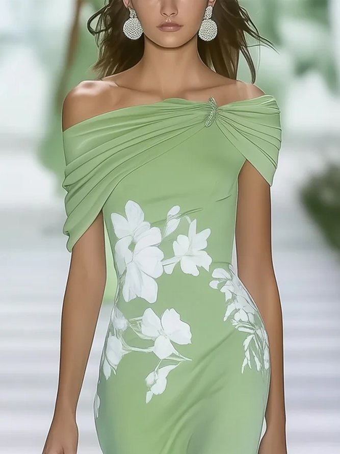 Elegant Floral Off Shoulder Sleeve Printing Midi Dress