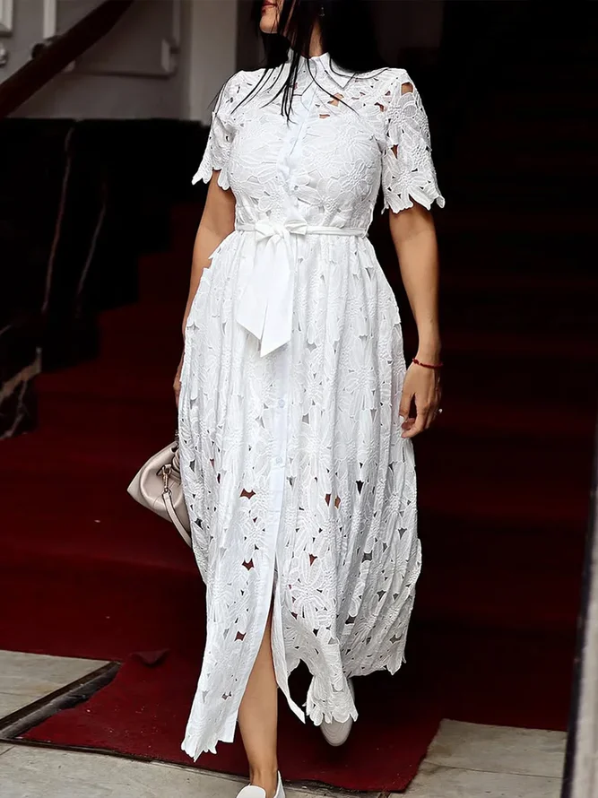 Elegant Floral Lace Midi Dress With Belt
