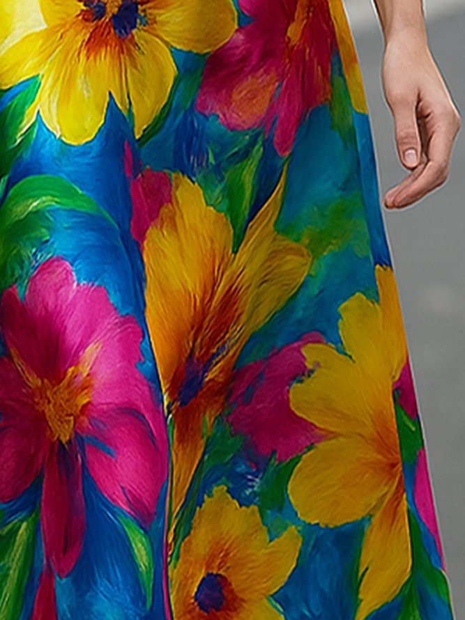 Elegant Floral Printing Crew Neck Midi Dress
