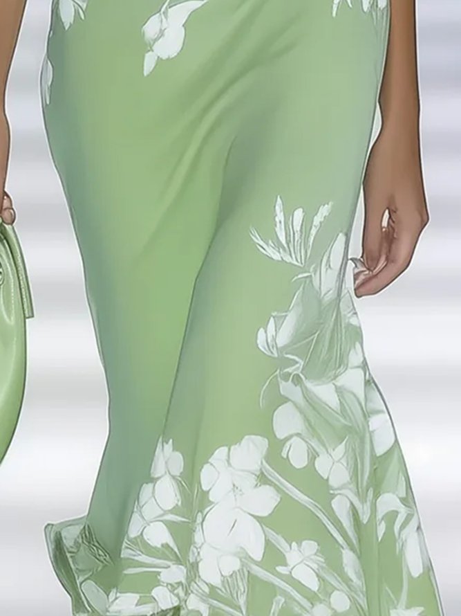 Elegant Floral Off Shoulder Sleeve Printing Midi Dress