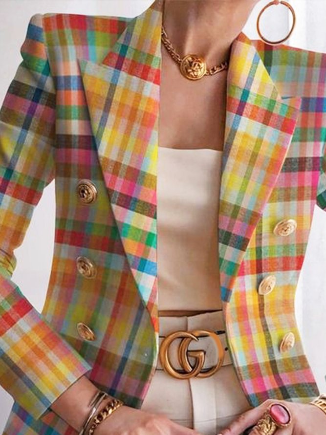  Urban Pastel Plaid Buttoned  Lapel Collar Blazer