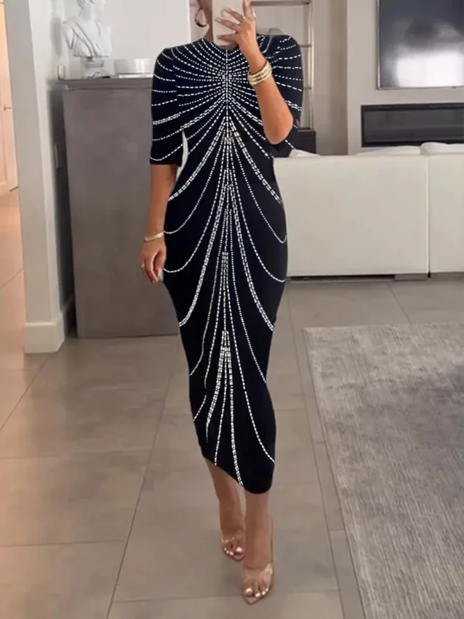 Casual Abstract Polka Dots Printing Crew Neck Midi Dress