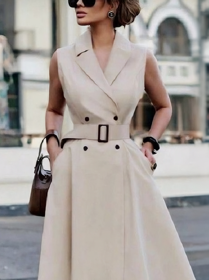 Urban Plain Buttoned Midi Dress With Belt