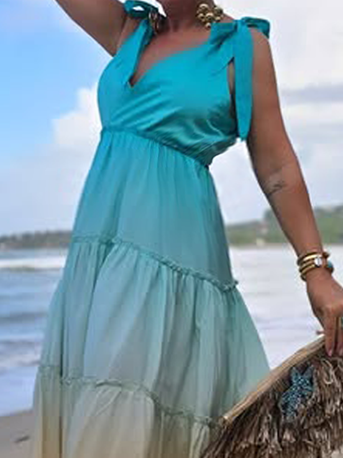 Vacation Ombre Printing Spaghetti Maxi Dress