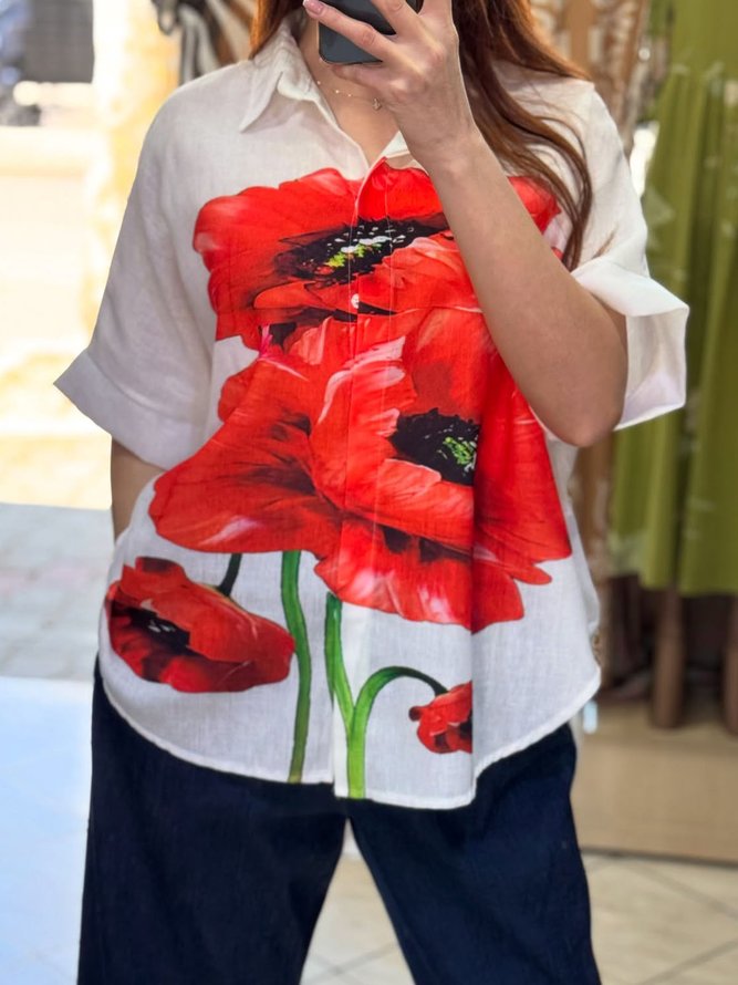 Casual Floral Printing Shirt Collar Raglan Sleeves Shirt
