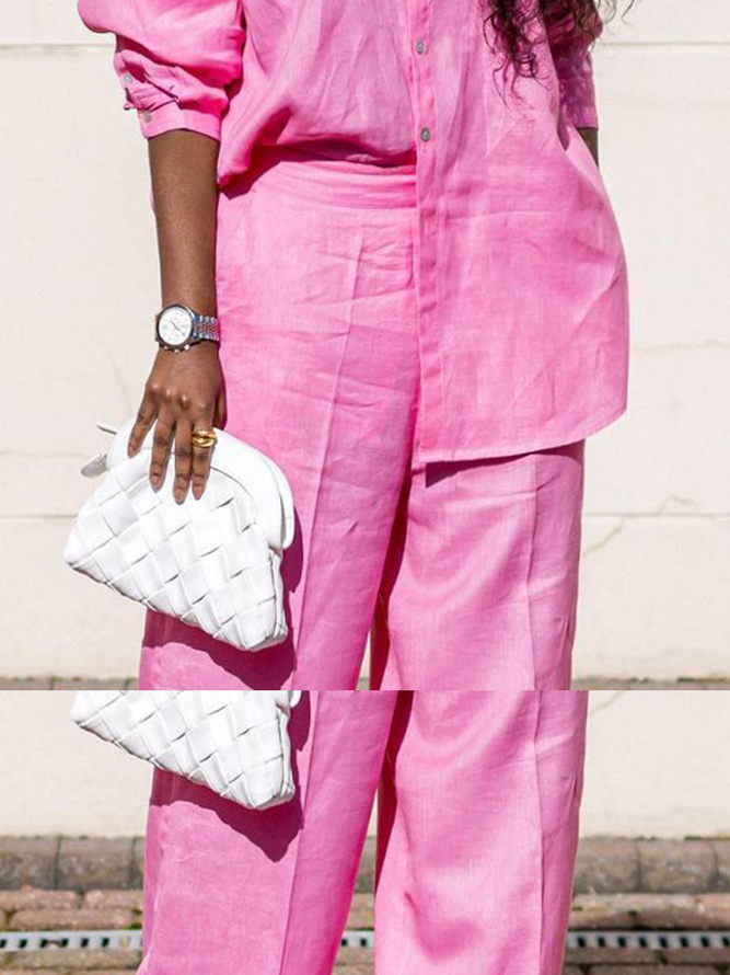Casual Plain Buttoned Wide Leg Pants