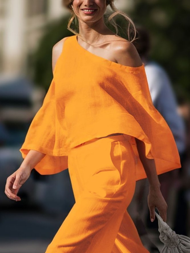 Linen Blend Casual Plain Hollow Out Asymmetrical Blouse
