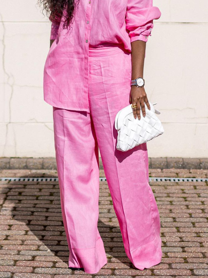 Casual Plain Buttoned Wide Leg Pants