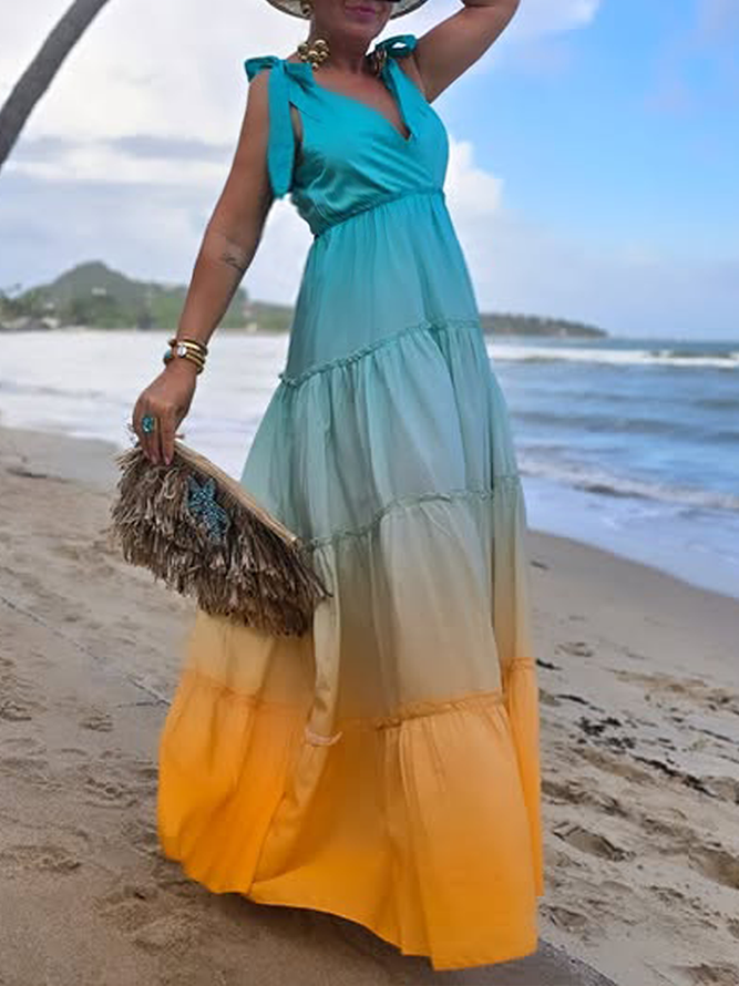 Vacation Ombre Printing Spaghetti Maxi Dress